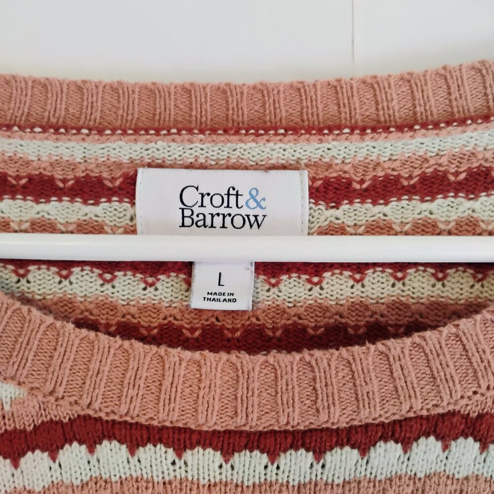 Croft & Barrow L Striped Textured Knit Crewneck Sweater Coral Red Cream - Picture 3 of 4